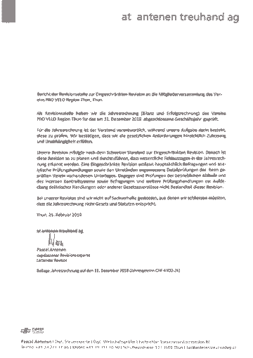 Bild Bericht Revisorenstelle zur Jahresrechnung 2018 Pro Velo Region Thun