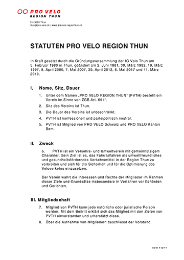 Statuten Pro Velo Region Thun 2019 – von der Mitgliederversammlung genehmigt