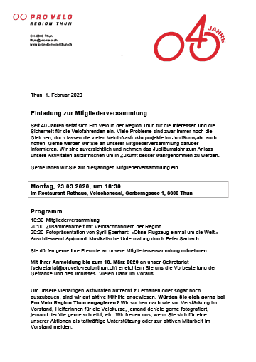 Bild Pro Velo Region Thun – Einladung Mitgliederversammlung 2020 als PDF