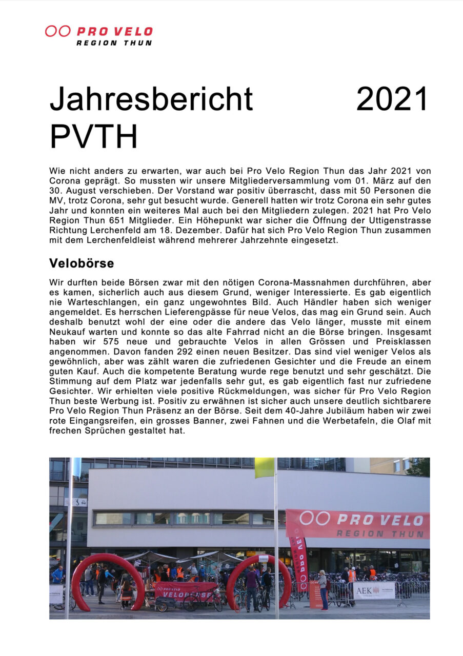 Jahresbericht Pro Velo 2021